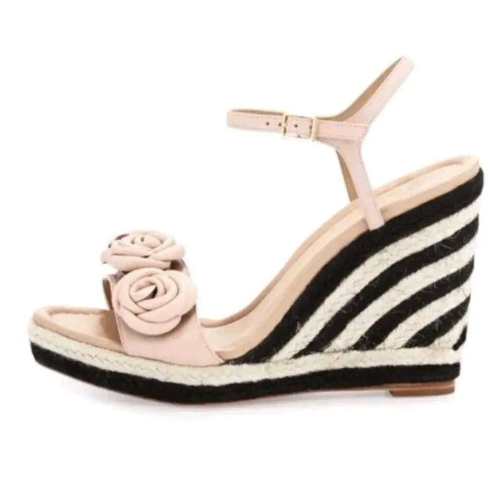 Kate Spade Jill Pink Puff Leather Rosette Black White Woven Raffia Wedges Sz 10